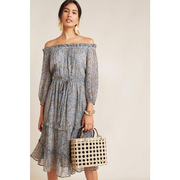 Anthropologie Kira Off the shoulder Peasant Dress Size 12 Floral/metallic midi - Picture 1 of 8